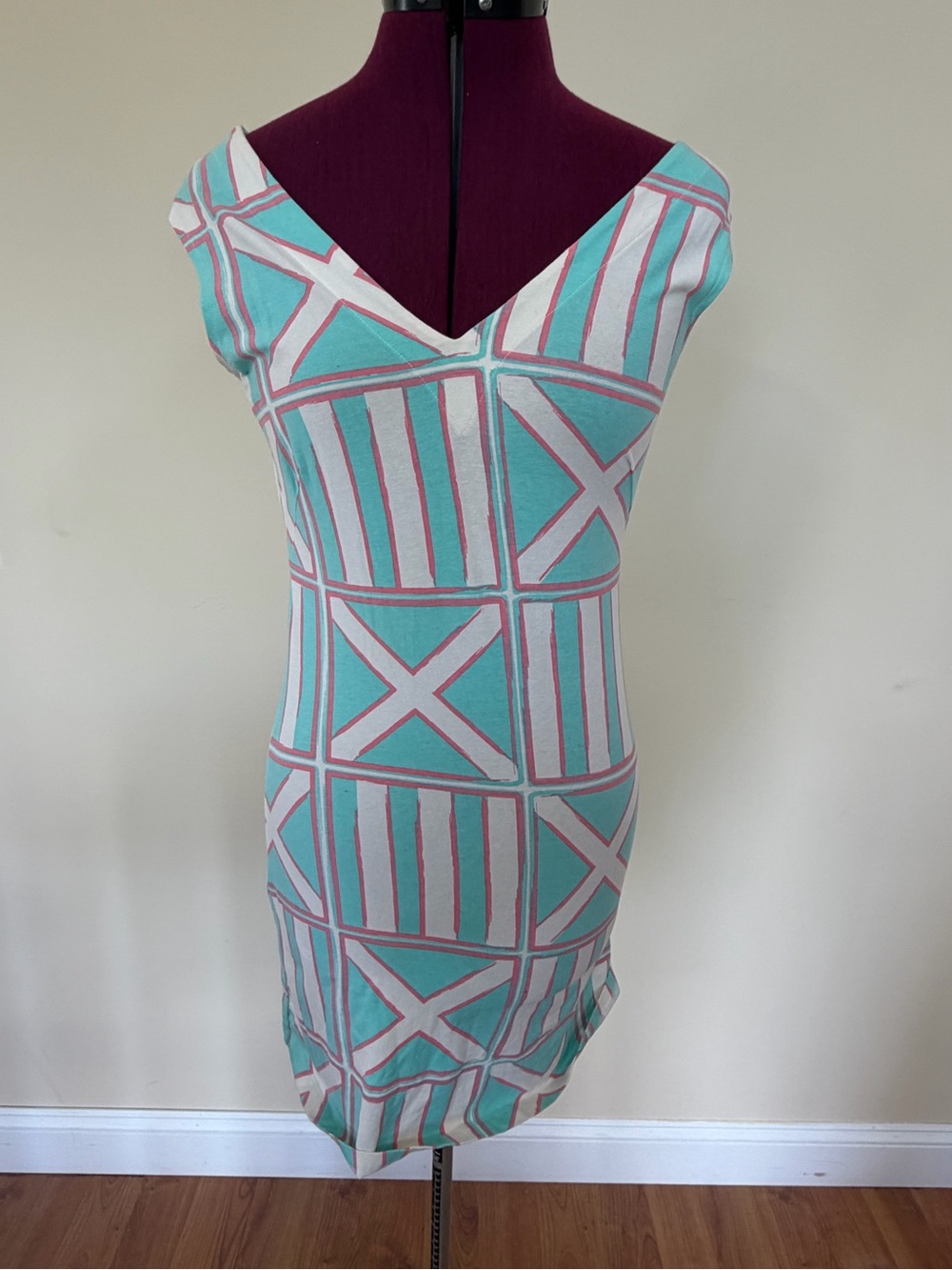 MAHI GOLD Turquoise, Pink, & White Geometric V-Neck Midi Dress